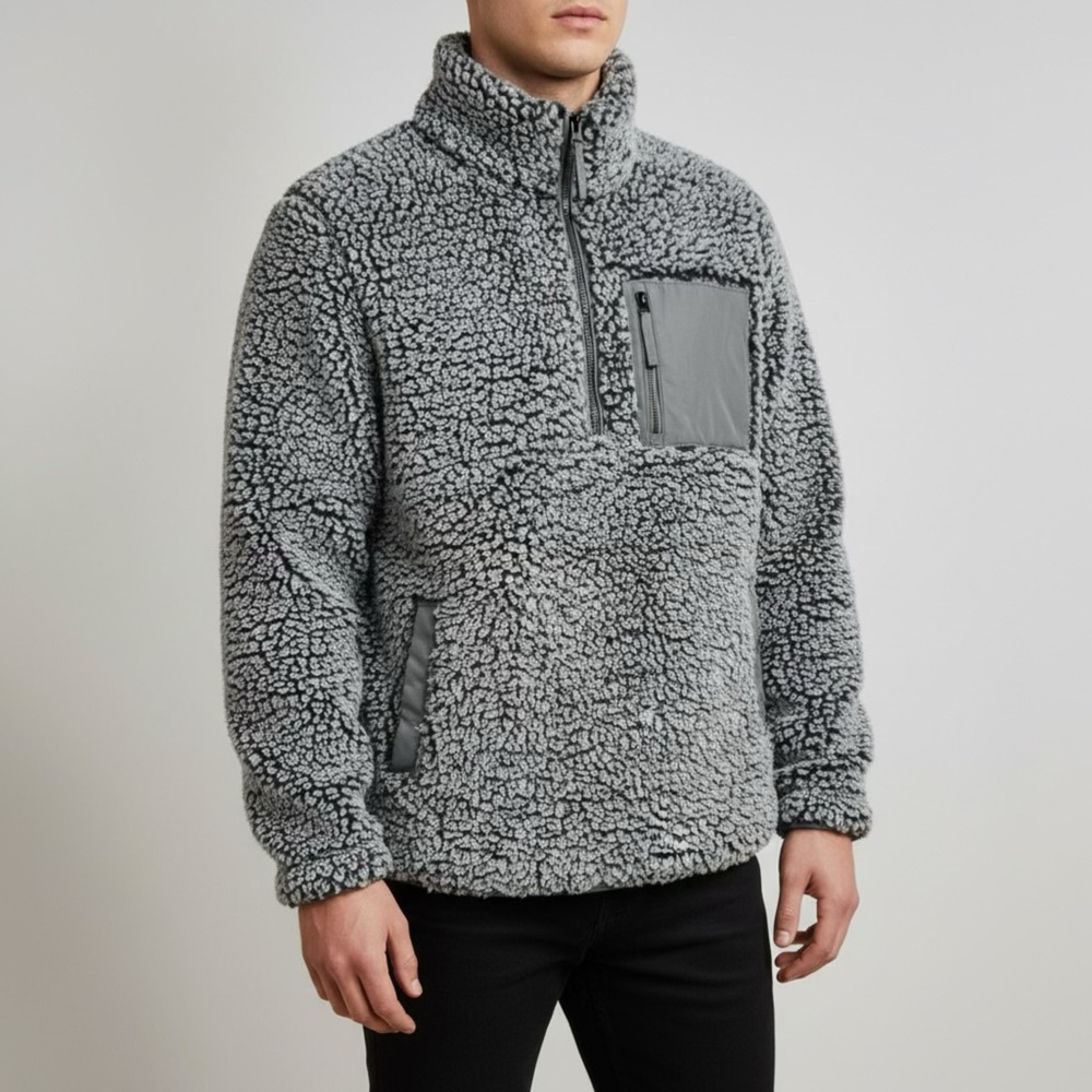 Abercrombie & Fitch Gray Turtleneck Sherpa‎ Sweater Cozy Soft Leather Pocket